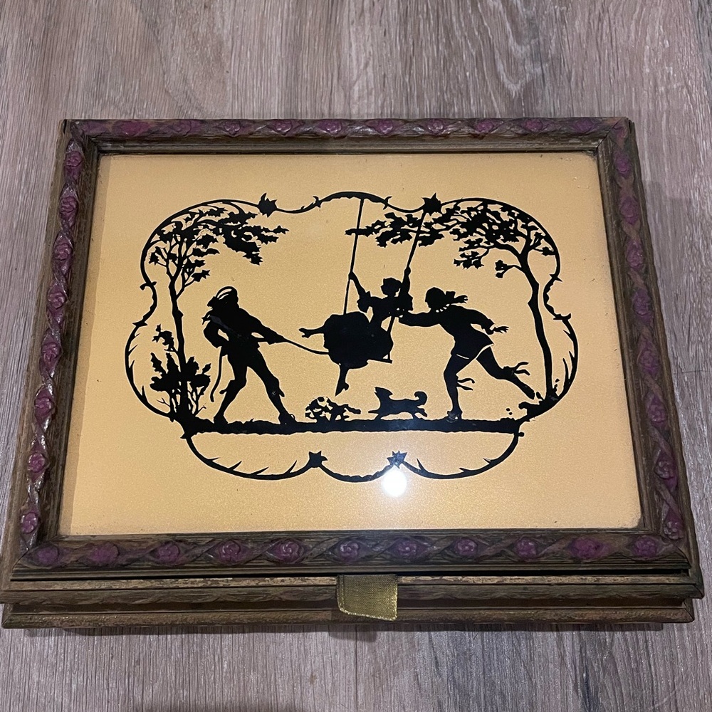 Cottagecore Vintage Reverse Painting Silhouette Trinket Jewelry Box With Mirror